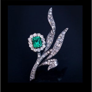 Victorian Emerald Brooch: Rose Cut Diamond, 925 Sterling Silver