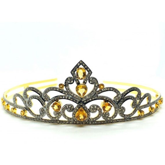 Victorian Rose Cut Diamond Citrine Tiara: Handmade Sterling  display picture 1