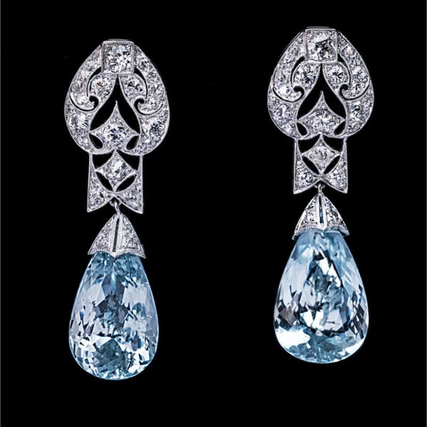 Vintage Aquamarine Diamond Earrings, 4.5ct American Diamond & 6.80ct Tear Drop Aquamarine Handmade Earrings, Purity 925 Silver Earrings