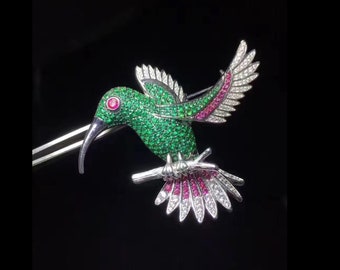 Amazing Diamond Flying Bird Brooch, 2.5ct American Diamond, 4.4ct Emerald & 2.7ct Ruby Handmade Brooch, Purity 925 Silver Flying Bird Brooch