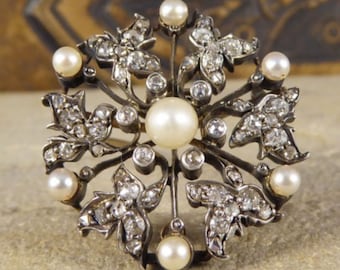 Antique Victorian 2.50ct Rose Cut Diamond & Natural Fresh Pearl Stylish Handmade Brooch, Purity 925 Sterling Silver Unisex Brooch