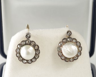 Antique Sterling Silver Rose Cut Diamond Pearl Clip-On Earrings