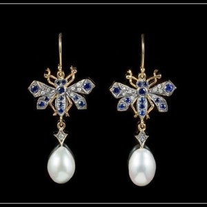 Victorian 1.20ct Rose Cut Diamond / Blue Sapphire & Fresh Pearl Handmade Butterfly Dangle Earring, 925 Sterling Silver For Girls/Women
