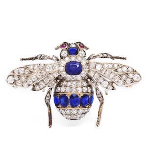Antique Victorian Sapphire, Ruby & Diamond Bee Brooch: 925 Sterling Silver