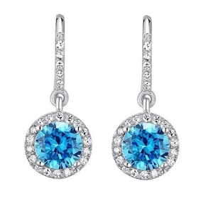 Natural 3ct Blue Topaz Handmade 92.5 Sterling Silver Dangle-Drop Earrings With Cubic Zirconia