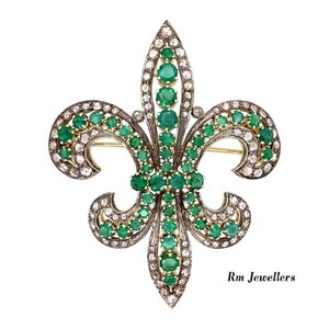 Victorian Sterling Silver Brooch: Handmade Rose Cut Diamond & Emerald