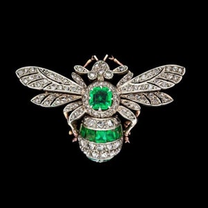 Antique Rose Cut Diamond Emerald Bee Brooch - Sterling Silver