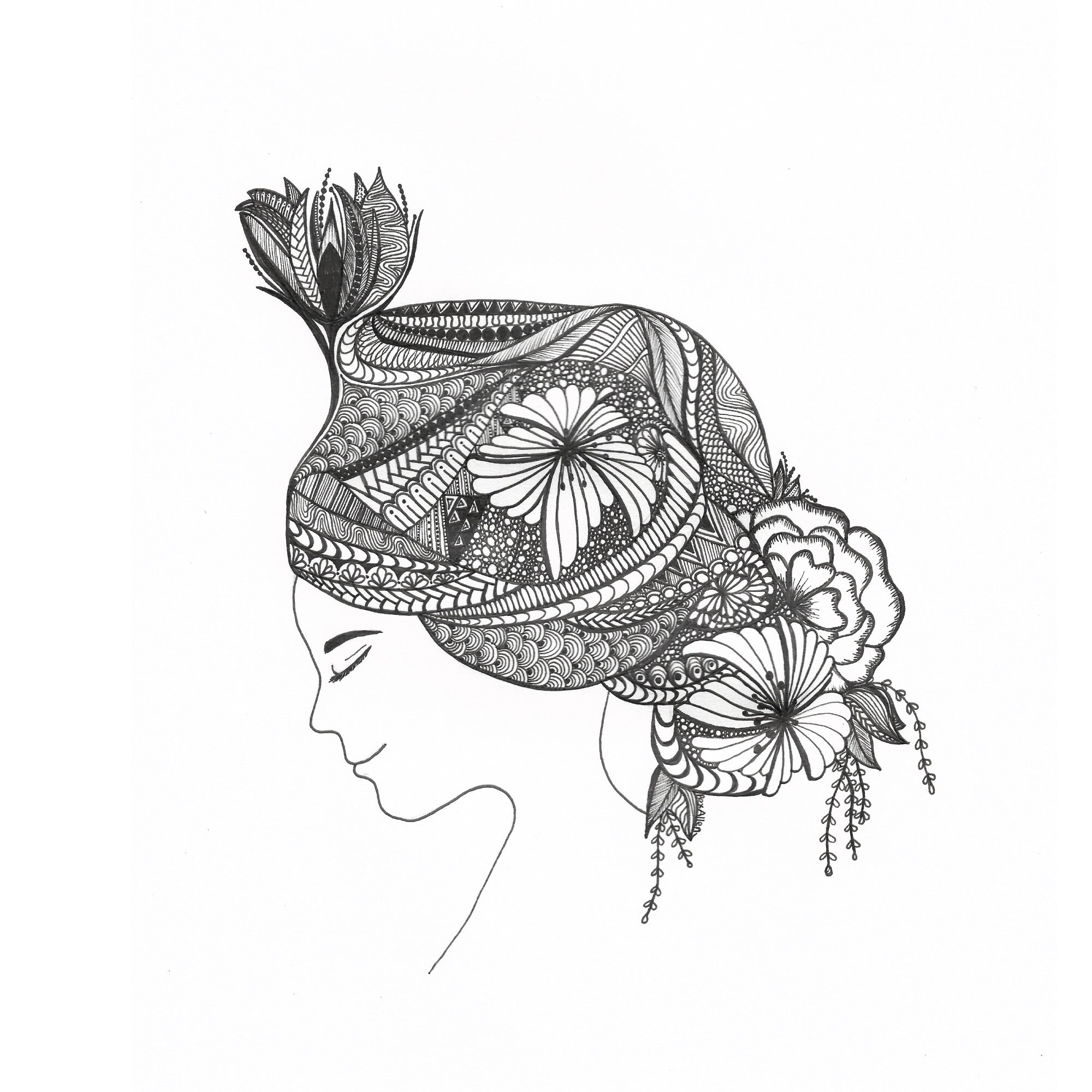Zentangle Floral Hair up Female Drawing Hair Art Wall Decor Etsy