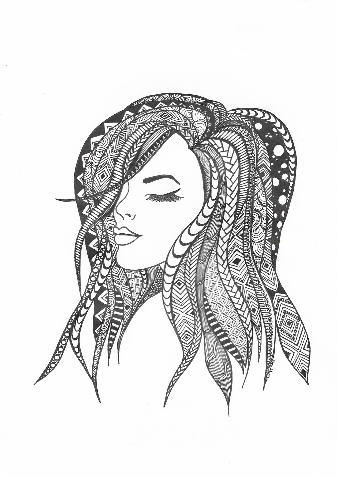 Zentangle Hair Ink Art Drawing Female Print A4 Digital Download Glam