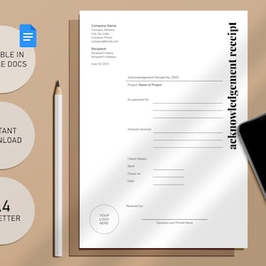 Plantilla de recibo de acuse de recibo minimalista imprimible, Google Docs editable, moderno, recibo digital, descarga instantánea, A4 y carta de EE. UU.