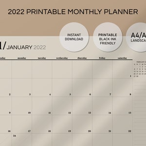 2022 Printable Monthly Planner, Blank Calendar, Digital Planner, Digital Calendar, Minimalist,