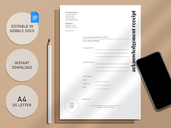 acknowledgement receipt template printable minimalist google etsy