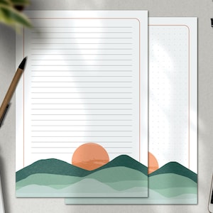 May include: Printable lined and dotted paper with a sunset over green hills design. The paper is perfect for writing letters, journaling, or taking notes.