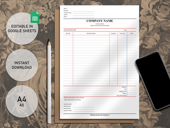 vintage sales invoice template printable google sheets etsy