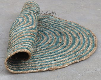 Handmade Green & Beige Jute Rug: Round Boho Area Rug