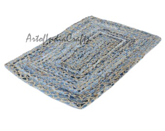 Handmade Denim Jute Rug: Bohemian Woven Cotton Area Rug
