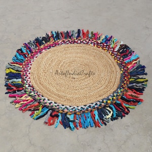 Alfombra de yute de algodón colorida con flecos indios, decoración del hogar, alfombra de yute, diseño de mezcla de algodón y yute, alfombra redonda trenzada, alfombra de algodón tejida a mano