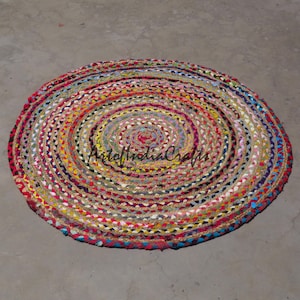 Alfombra de yute y algodón multicolor, redonda, hecha a mano en la India, de yute y algodón, hermosa alfombra trenzada, alfombra tradicional bohemia, decoración de habitación.