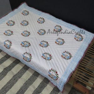 Rabbit & Flower Printed Cotton Quilt, Handmade Reversible Quilt, Lightweight Little Baby And Twin Baby&#39;s Quilt, Blooming Bunny Dreams Quilt.