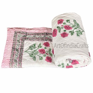 Hand Block Printed 100% Cotton Floral Quilt, Indian Reversible Soft Cotton Quilt, Winter Warm Quilt, Floral Whispers Handcrafted Quilt.