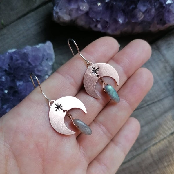 Ancestral feminine power lightweight earrings, goddess, powerful and mystical woman, witch jewelry, sacred symbols, lunula, labradorite