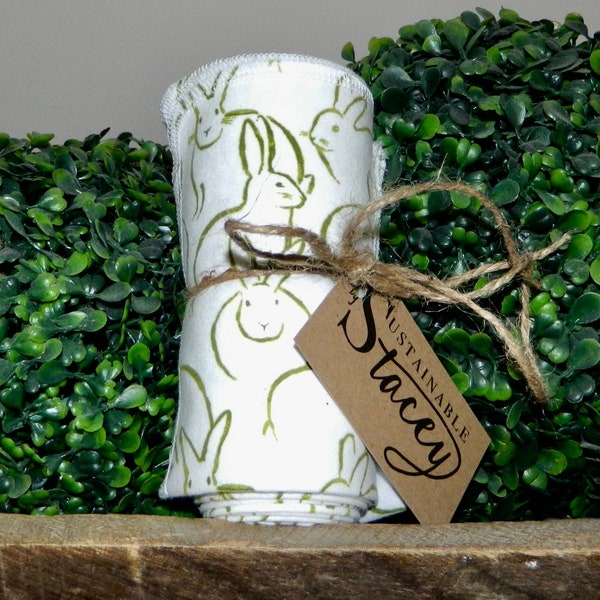 GREEN BUNNY Paperless “Paper” Towels 12" x 10" Cotton Flannel Handmade Reusable Easter Rabbit Bunnies