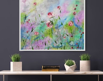 Large Abstract Flower Painting: Colorful Textured Acrylic Artwork (70x50cm)