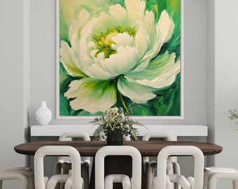 Large White Peony Painting: Bright Floral Acrylic Art