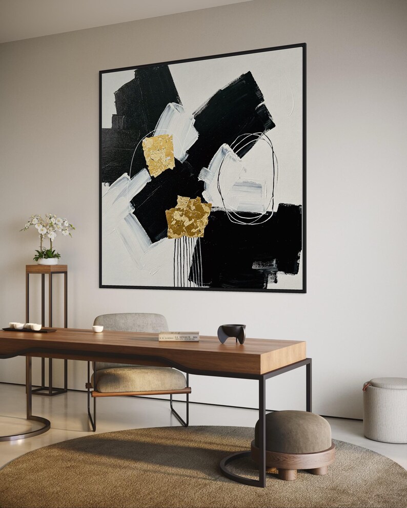 Original Abstract Painting With Gold Leaf – Modern Black and White Wall ...