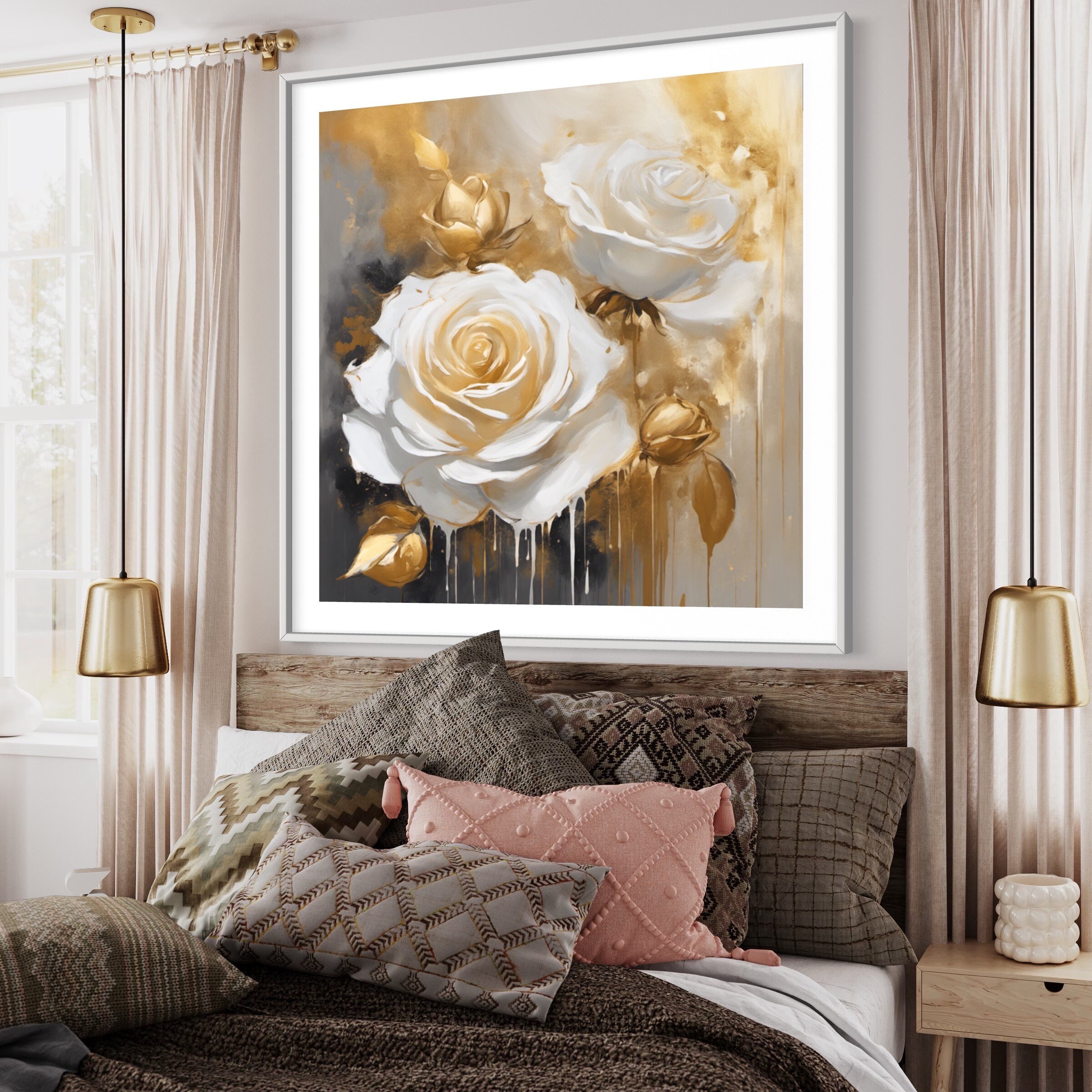 白いバラの絵画：ゴールドの花のスクエアアート、キャンバスにアクリル