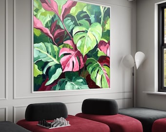 Tropical Monstera Wall Art, Large Botanical Painting, Green and Pink Leaf Canvas, Modern Jungle Home Decor, Botanical Painting, Original Art