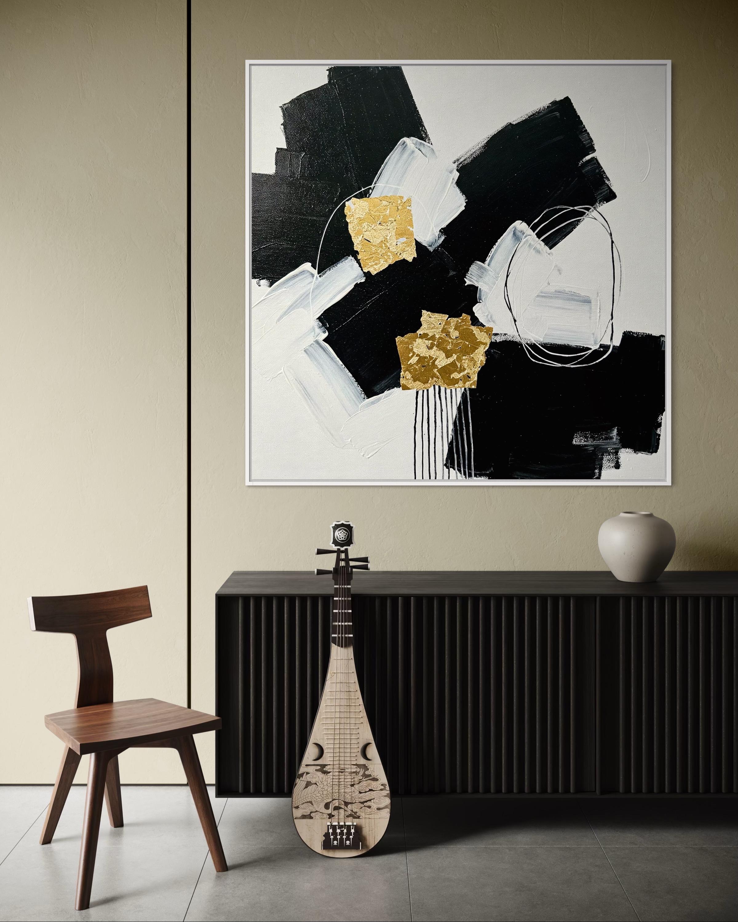Original Abstract Painting With Gold Leaf – Modern Black and White Wall ...