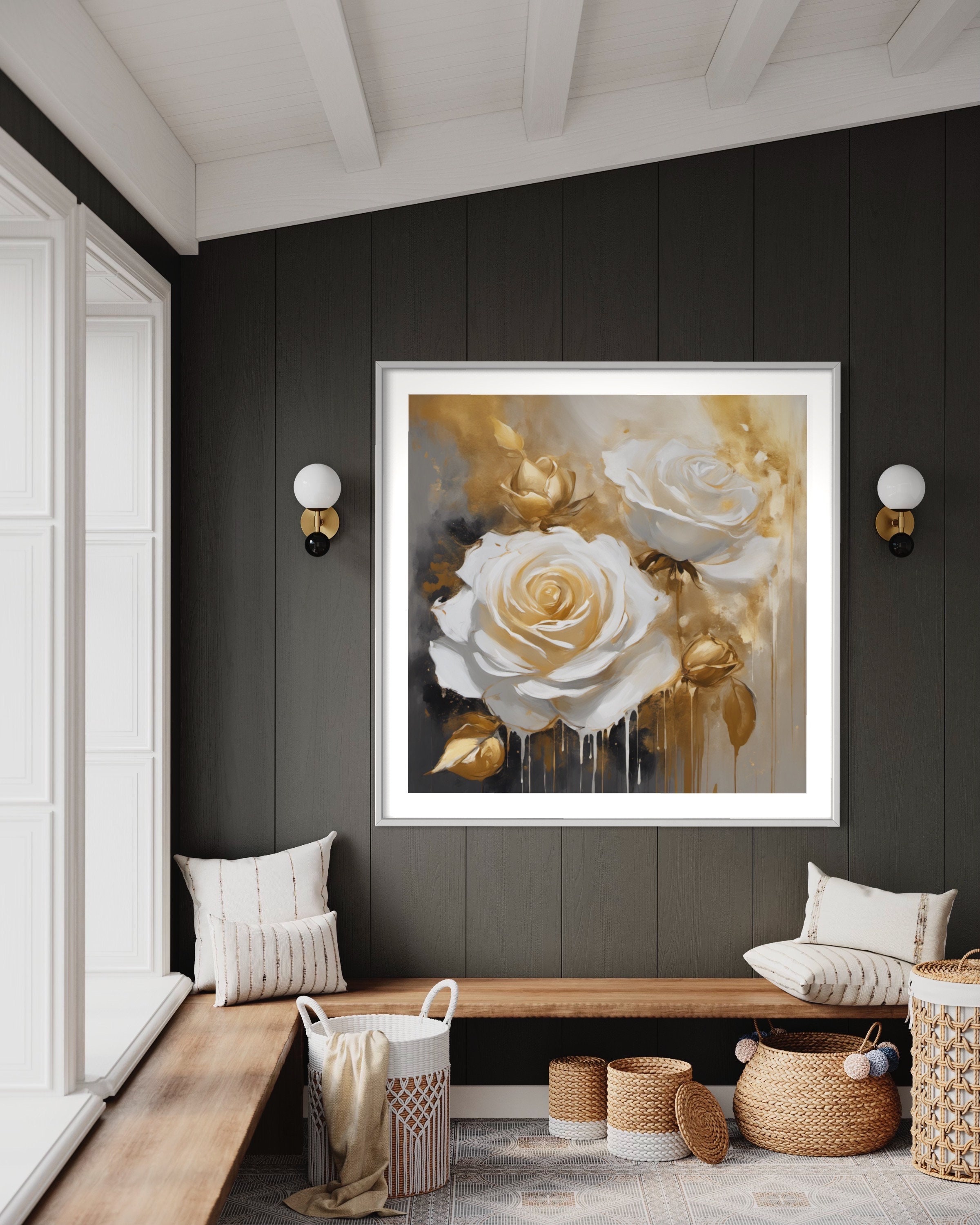 白いバラの絵画：ゴールドの花のスクエアアート、キャンバスにアクリル