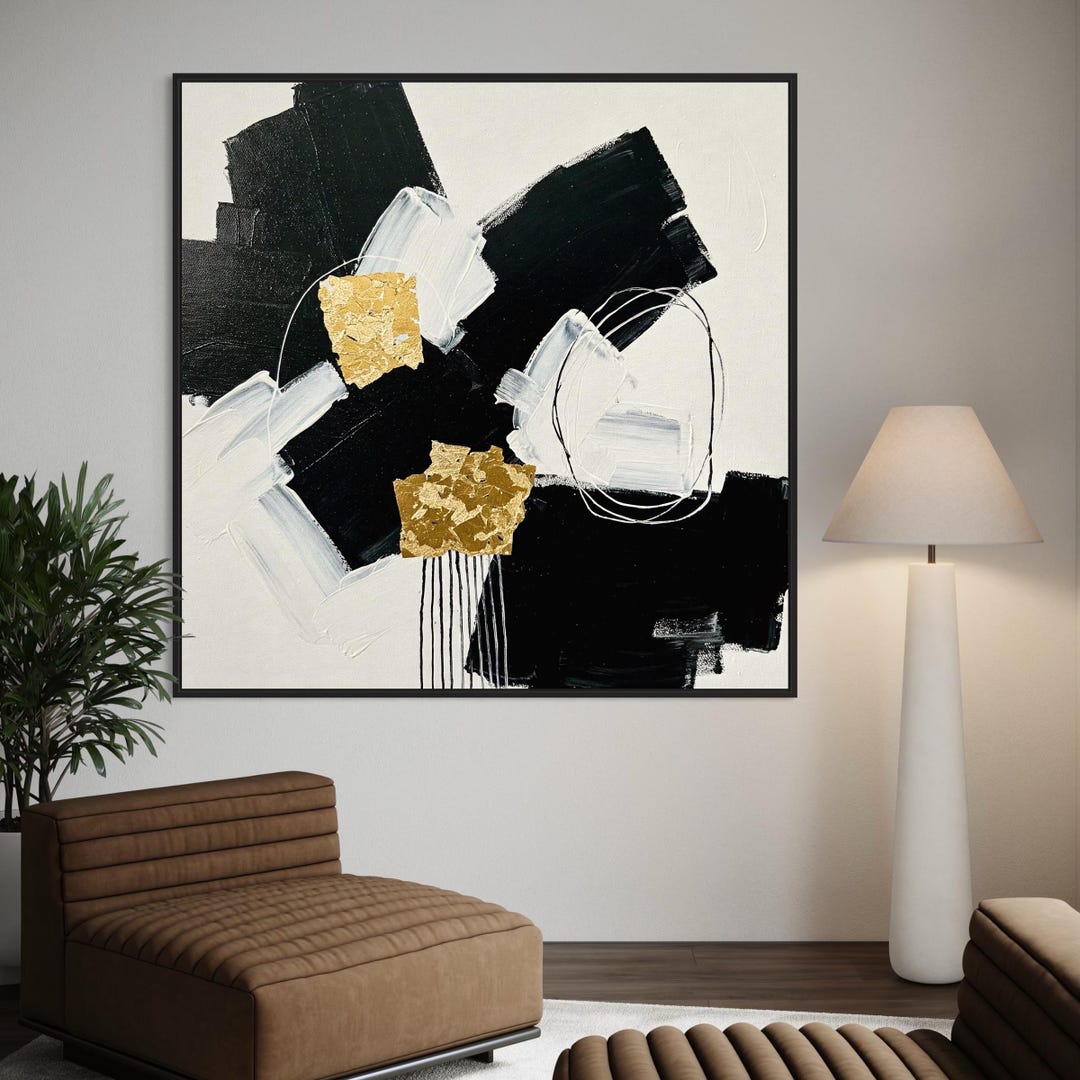 Original Abstract Painting With Gold Leaf – Modern Black and White Wall ...
