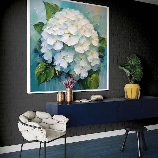 Hortensia Stilleven Origineel Abstract Schilderij Modern Decor Muurkunst Keuken Eetkamer Hotelmuurkunst Wit en Blauw Bloemenkunstwerk