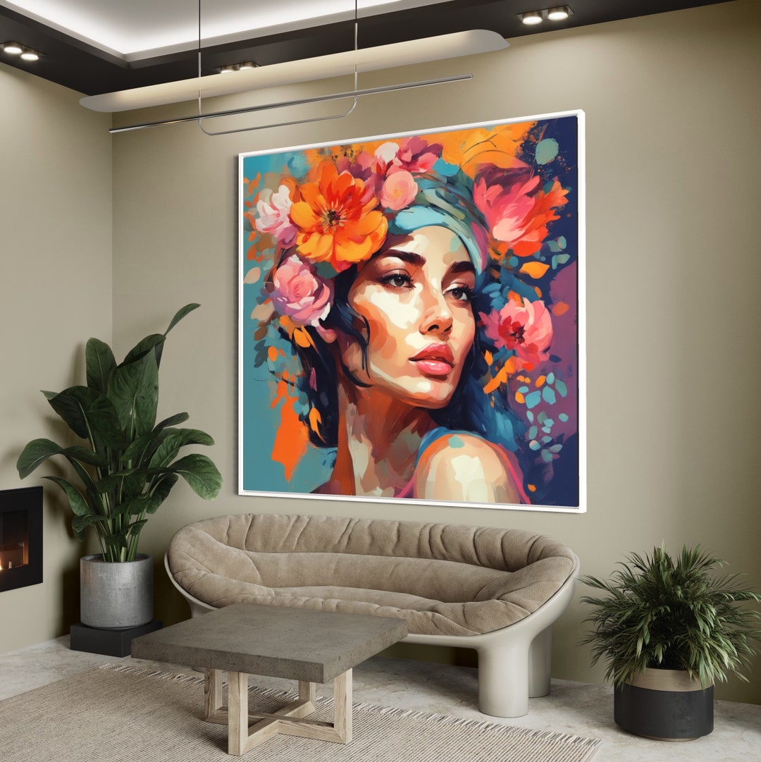 Abstract Woman Portrait Painting: Floral Headpiece, Modern Wall Art - Etsy