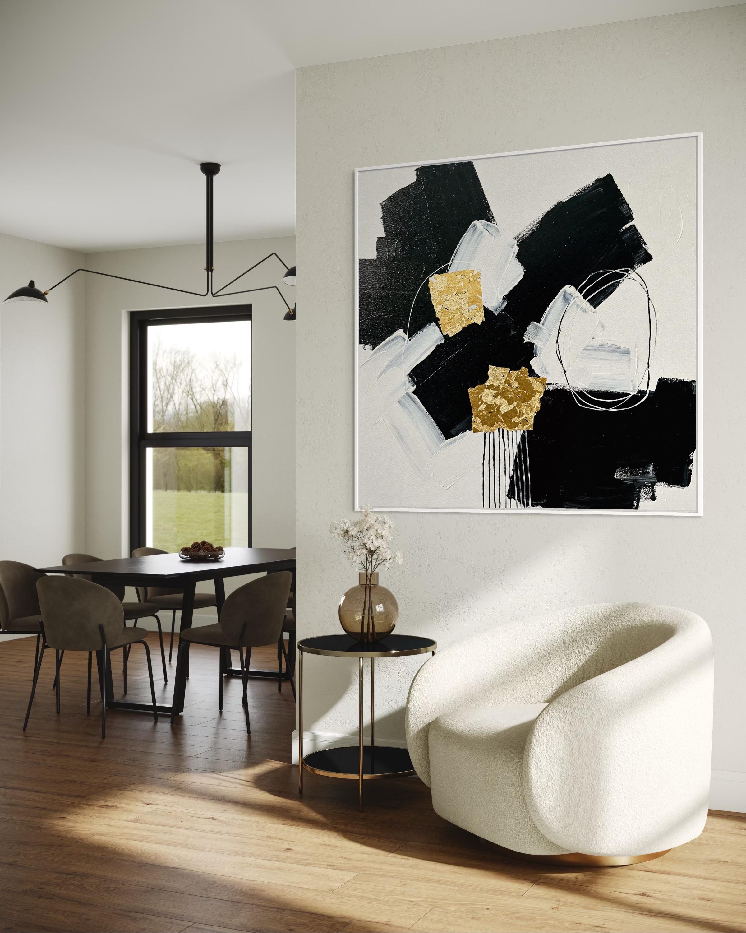 Original Abstract Painting With Gold Leaf – Modern Black and White Wall ...