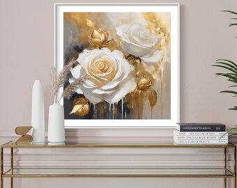 White Rose Painting: Gold Floral Square Art, Acrylic on Canvas