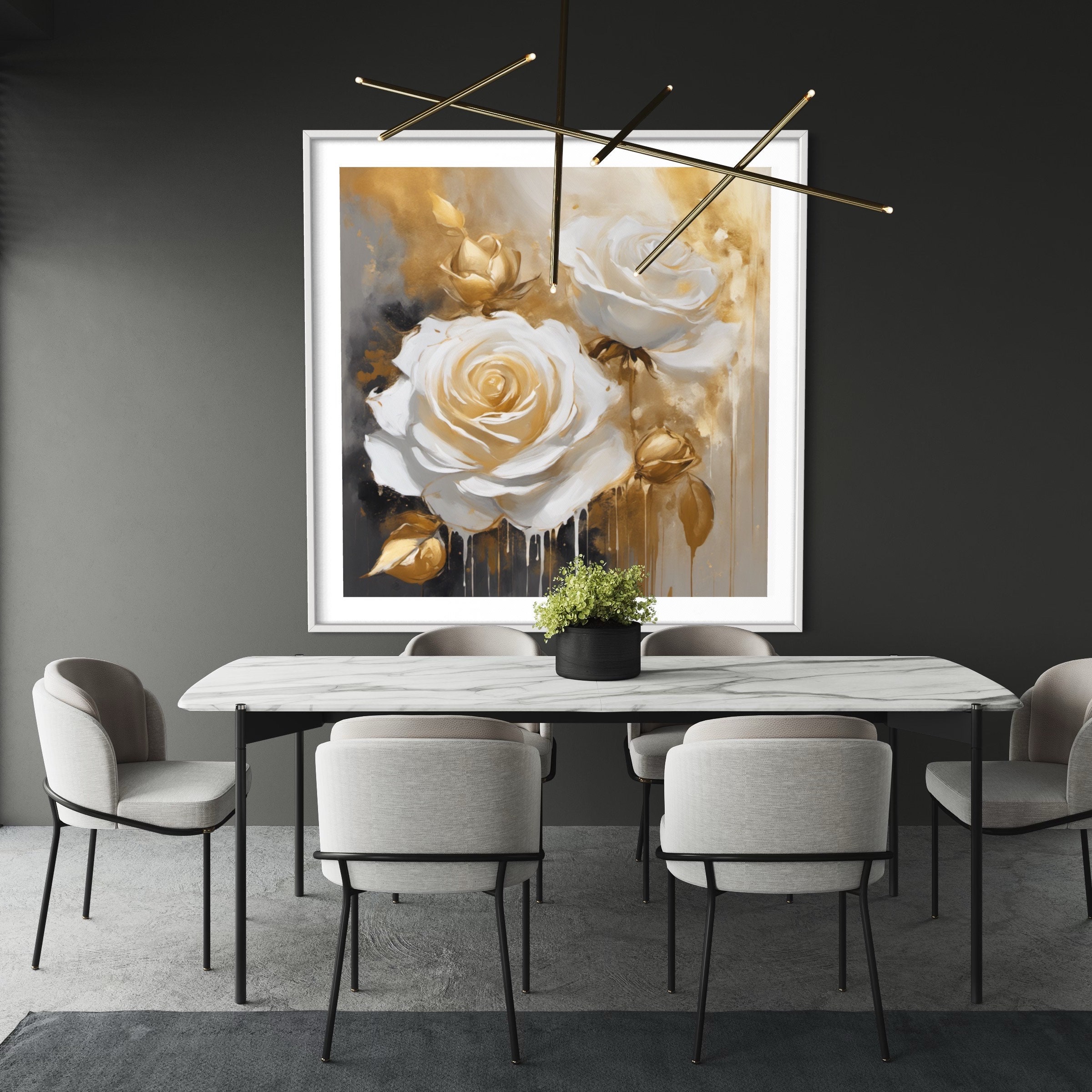 白いバラの絵画：ゴールドの花のスクエアアート、キャンバスにアクリル