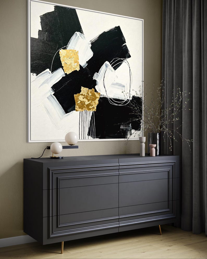 Original Abstract Painting With Gold Leaf – Modern Black and White Wall ...