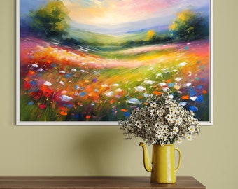Abstract Flower Field Painting: Colorful Textured Floral Artwork