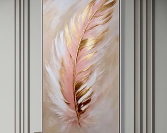Blattgold Feder Malerei: Beige, Rosa, Weiß Originale Kunst
