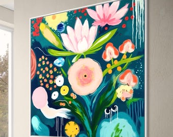 Kleurrijk abstract bloemenschilderij | Moderne botanische muurkunst | Groot levendig bloemkunstwerk voor in de woonkamer