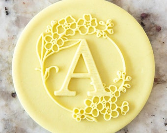Floral Wreath Alphabet Letter A POPup Embosser Stamp Fondant Cake Decorating Icing Cupcakes Cookie Biscuit Stencil