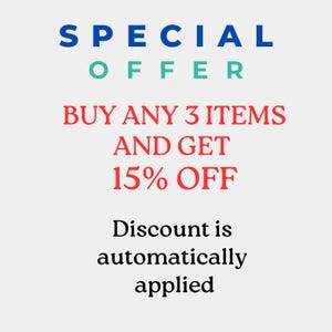 May include: A red and blue graphic with the text "SPECIAL OFFER" in blue and "BUY ANY 3 ITEMS AND GET 15% OFF" in red. The text "Discount is automatically applied" is also in red.