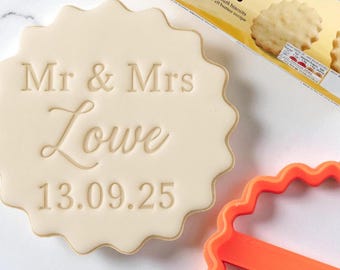 Personalised Mr and Mrs Wedding Name and Date Custom Cookie Biscuit Stamp to make Toppers from Fondant to fit M&S Size All Butter Biscuits