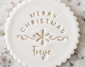 CUSTOM Merry Christmas Name With Snowflake Cookie Biscuit Stamp Fondant Cake Decorating Icing Cupcakes Stencil Clay