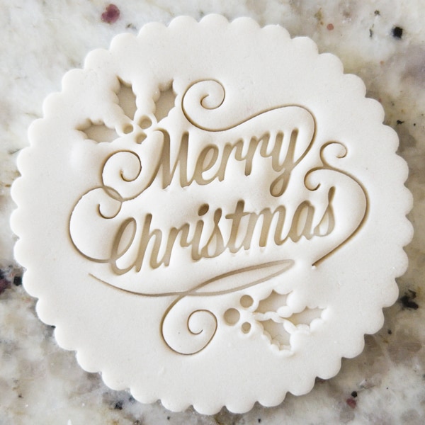 Merry Christmas with Holly Cookie Biscuit Stamp Fondant Cake Decorating Icing Cupcakes Stencil Christmas