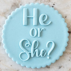 He Or She? POPup Embosser Cookie Biscuit Stamp Fondant Cake Decorating Icing Cupcakes Stencil Baby Shower Gender