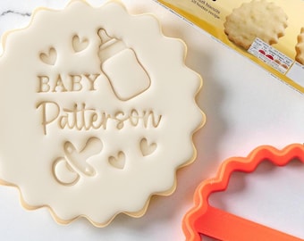 Personalised Name with Dummy and Bottle Custom Cookie Biscuit Stamp to make Toppers from Fondant to fit M&S Size All Butter Biscuits 5cm